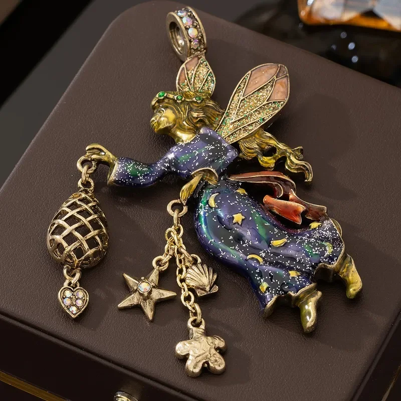 Yusheng vintage medieval necklace pendant enamel craft Czech diamond dark blue butterfly fairy style pendant