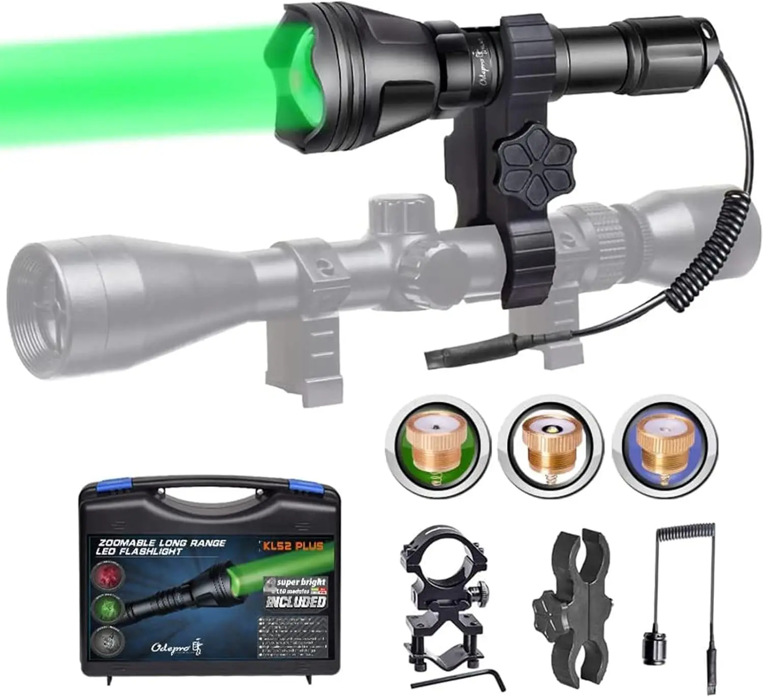 Zoomable Hunting Light with Red Green White IR850 Interchangeable Modules, Predator Flashlight with Pressure Switch, for Hog Coy