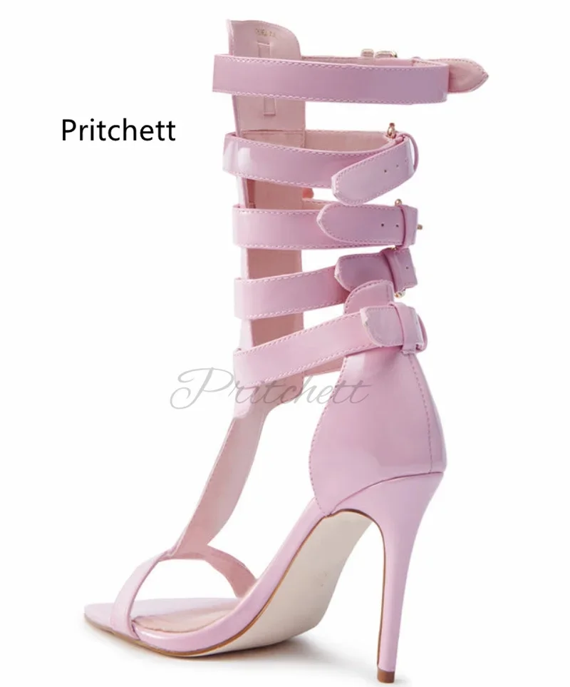 Sandali gladiatore con cinturini a T bianchi rosa per donna Fibbie per cinture open toe Scarpe da festa estive con tacco alto in pelle con tacco a spillo