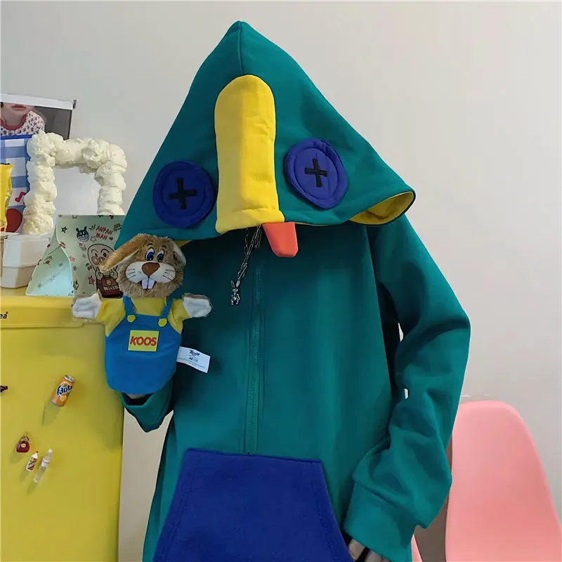 Korean-style frog hoodies y2k fried street hooded wild fighting half-zip plush pullover loose green coat kawaii clothes