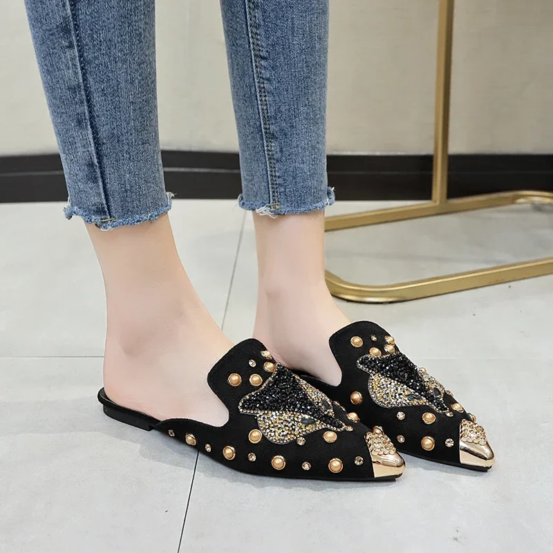 Women Shoe Fashion String-bead Pointed Rhinestone Rivet Flat Women Slippers Slip-On Mules Loafer Sandals Slides Ladies Shoes