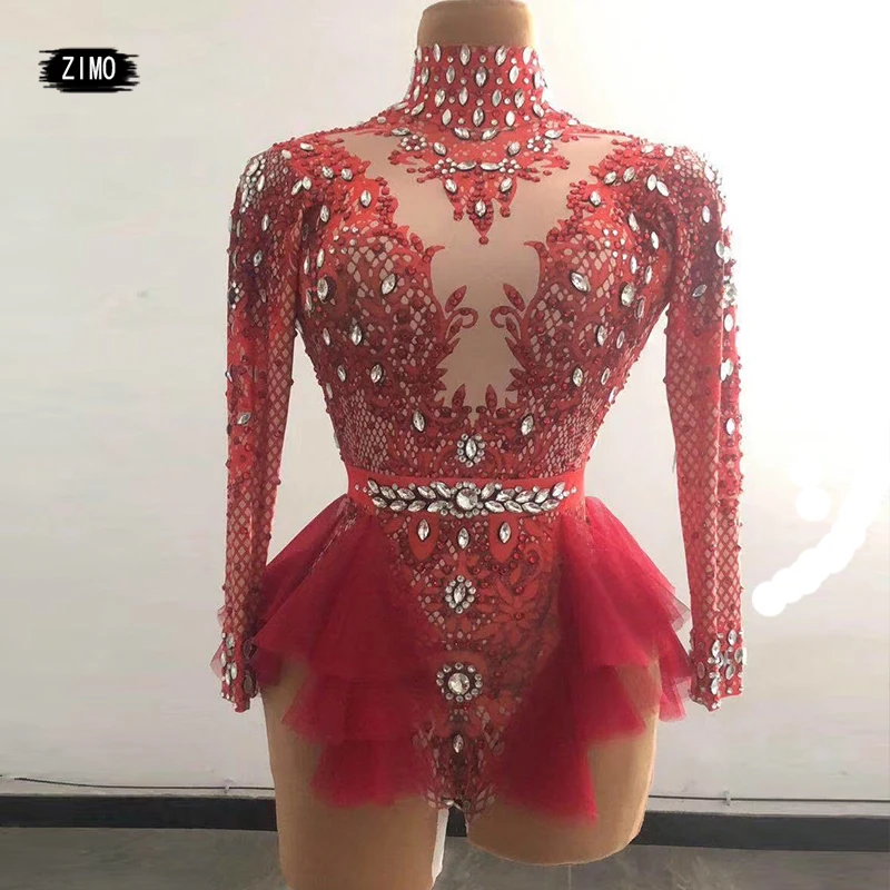 Strass vermelho babado bodysuit para mulheres, boate, baile, bar, traje de concerto, cantor de palco, show, dança, collant DS, moda, grande estiramento