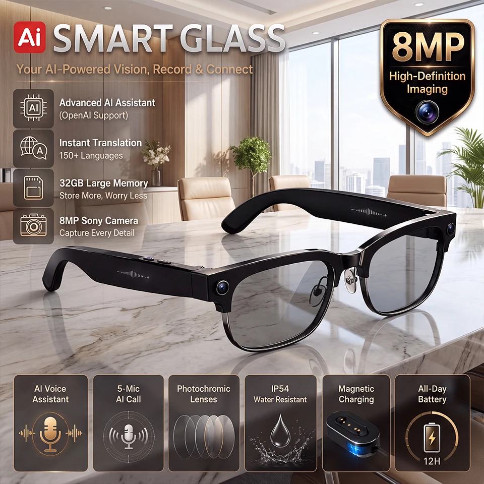 2026 AI Smart Business Glasses 8MP Camera 32GB Memory 150+ Language Translation 5-Mic Calls Photochromic Lenses IP54 12H Battery