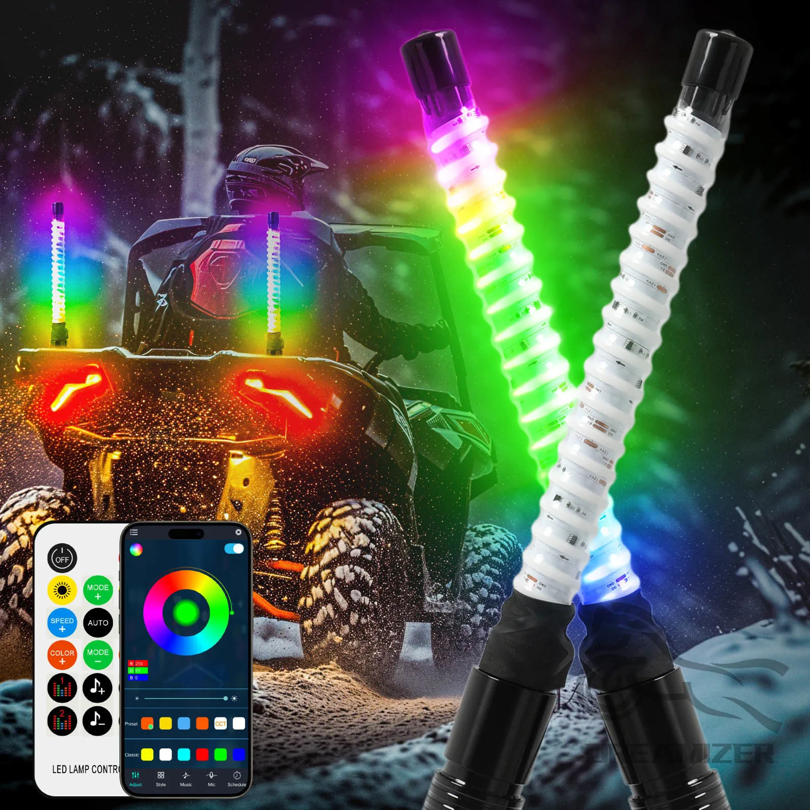 2PCS 1FT COB LED Whip Lights RGB Chasing Lighted Antenna Whips for UTV ATV Truck Polaris Dune Buggy RZR Can-Am
