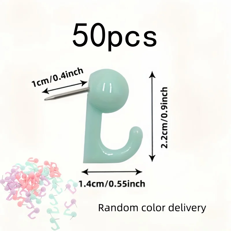 Push Pin Hooks 50 pcs, Random Color, Sturdy, for Corkboards, Bulletin Boards, Photo Walls and Home Decor