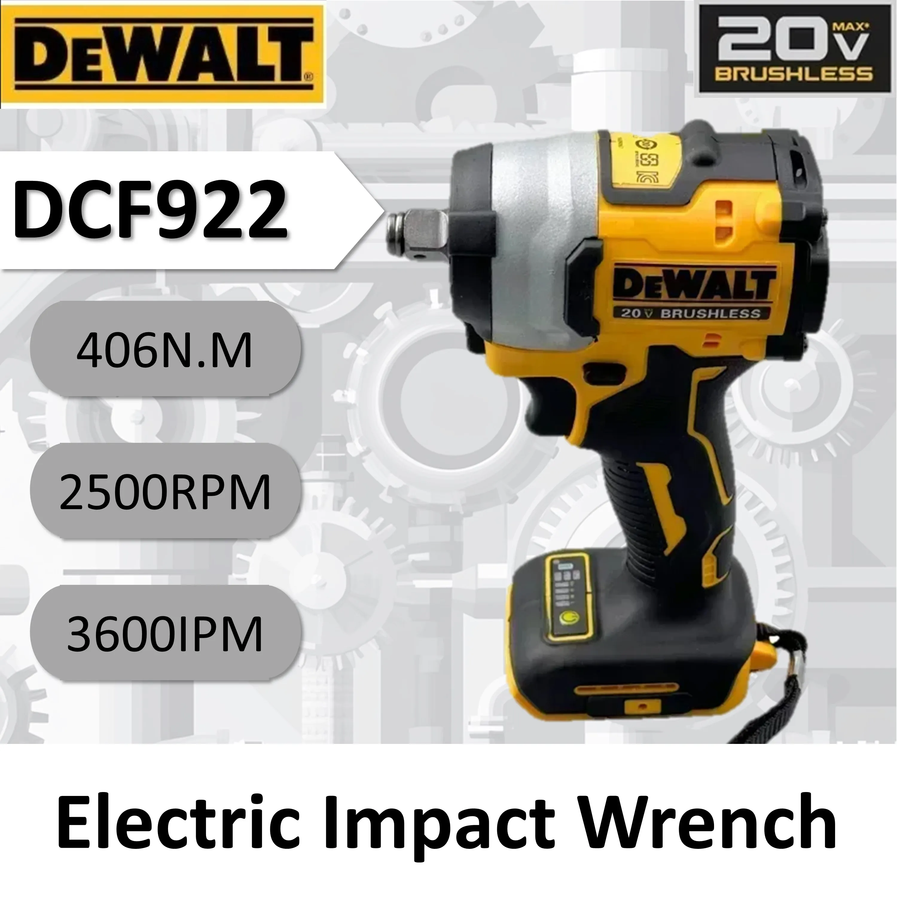 

Dewalt DCF922 Electric Impact Wrench Rechargeable High Torque 406Nm(Reverse) 1/2" 2500 RPM Universal 20V Battery Power Tools