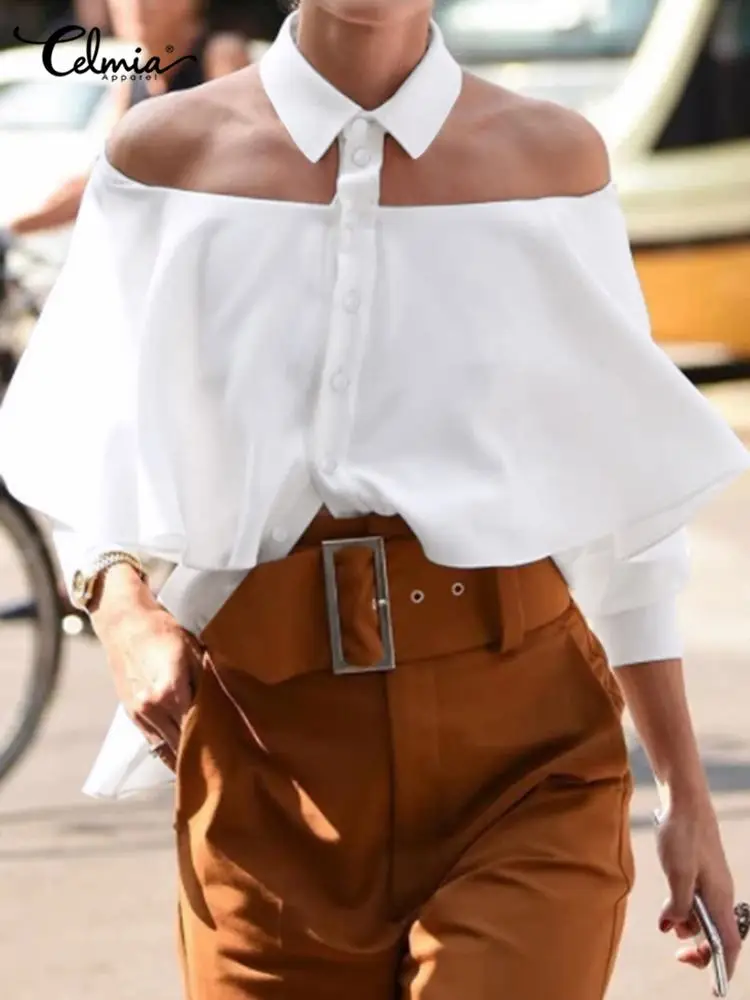 Women Shirts Celmia 2024 Summer Blouses Vintage 3/4 Sleeve Fashion Tops Sexy Off Shoulder Casual Solid Ruffles Lapel Tunic Femme