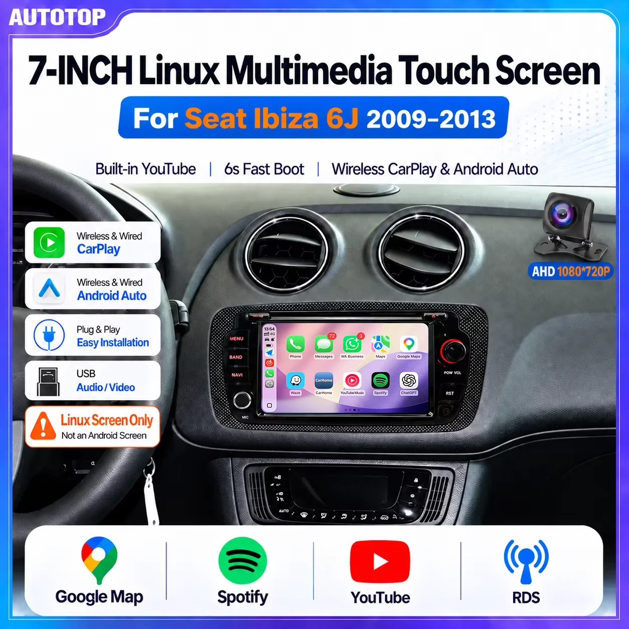 AUTOTOP autoradio da 7 pollici per Seat Ibiza IV 6J5 6P1 5 porte, 6J1 6P5 SC 3 porte, 6J8 6P8 ST Estate Van 2008-2017, CarPlay wireless, Android Auto, lettore multimediale Linux, schermo touch IPS