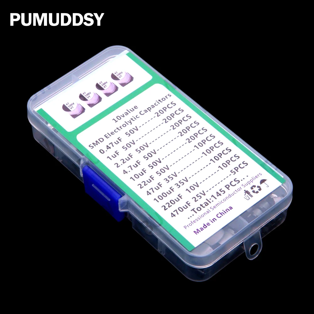 10Values 0.47UF-22UF 0.47UF 1UF 2.2UF 145PCS SMD Aluminum Electrolytic Capacitor Kit 0.47UF 1UF 2.2UF 4.7UF 10UF 50V