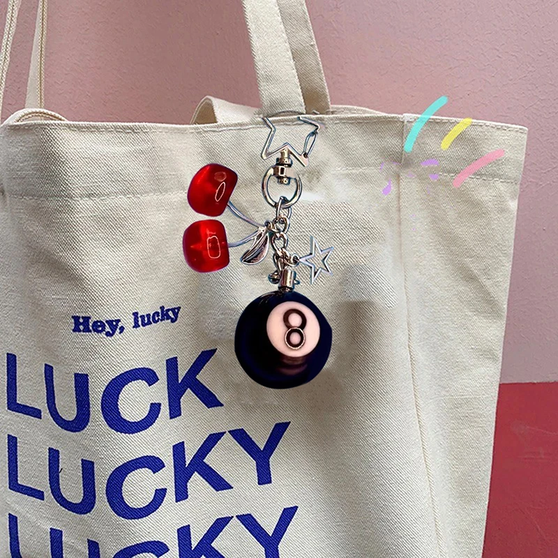 Lucky Black 8 bolas fruta cereza dados estrella llavero accesorios de teléfono correa de llave de coche cintura cartera llaveros bolsa colgante