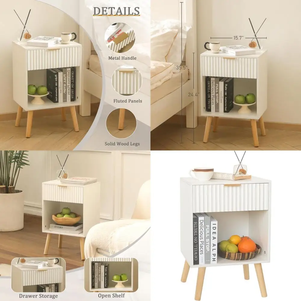 

Современная белая прикроватная тумбочка с выдвижным ящиком и открытым отделением для хранения, прикроватный столик с рифленой отделкой для гостиной, ножки из массива дерева, идеально подходит