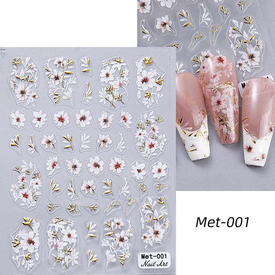 1-2 stuks Gouden Lijn Kersenbloesem 3D Nail Art Stickers Lente Perzik Bloemen Daisy Bloemen Gouden Bladeren Nail Decals Voor DIY manicure