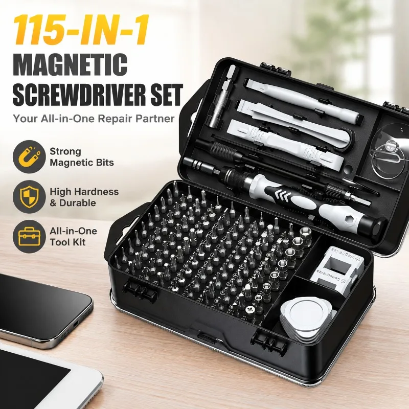 115-in-1 Magnetic Screwdriver Set, High Hardness Bits, Multi-Repair Tool Kit for Phones, Tablets, Small Appliances
