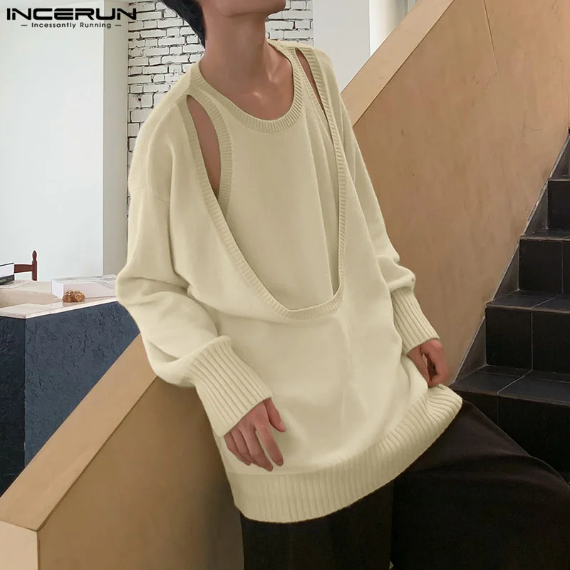 2024 Men Sweaters Hollow Out O-neck Long Sleeve Irregular Pullovers Streetwear Solid Fashion Casual Men Clothing INCERUN S-5XL