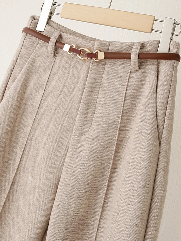 Thiened ウールストレートレッグパンツ レディース 秋冬 暖かい カジュアルパンツ 快適な着用 通勤 スリーワイドウエスト