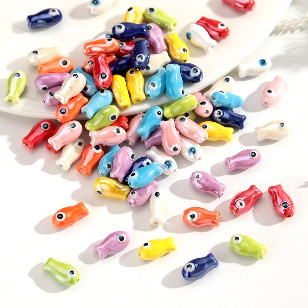 10Pcs Cute Ceramic Fish Beads 19x10mm Mixed Color Cartoon Fish Shape Spacer Beads for DIY Jewelry Making Bracelet Necklace
