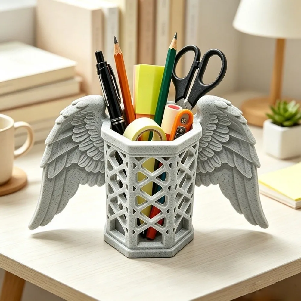 Multi-functional Plastic Angel Wings Pen Holder Stable Hollow Makeup Brush Holder Decorative Pen Container Office