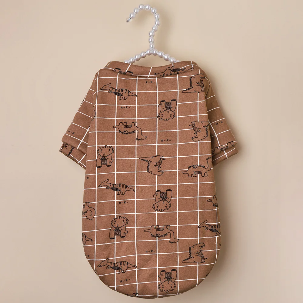 Cute Coffee Brown Plaid Dog Hoodie, Cute Dinosaur Print Pet Clothes, Warm Fleece Lined Cat Apparel, Puppy Kitten Sweatshirt