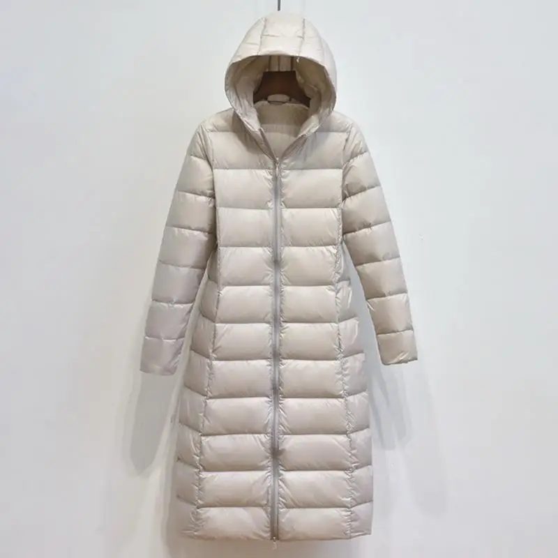 Mulheres longo com capuz para baixo casaco 2024 novo outono inverno ultra leve fino pato branco para baixo jaqueta parkas feminino bigsize puffer outwears