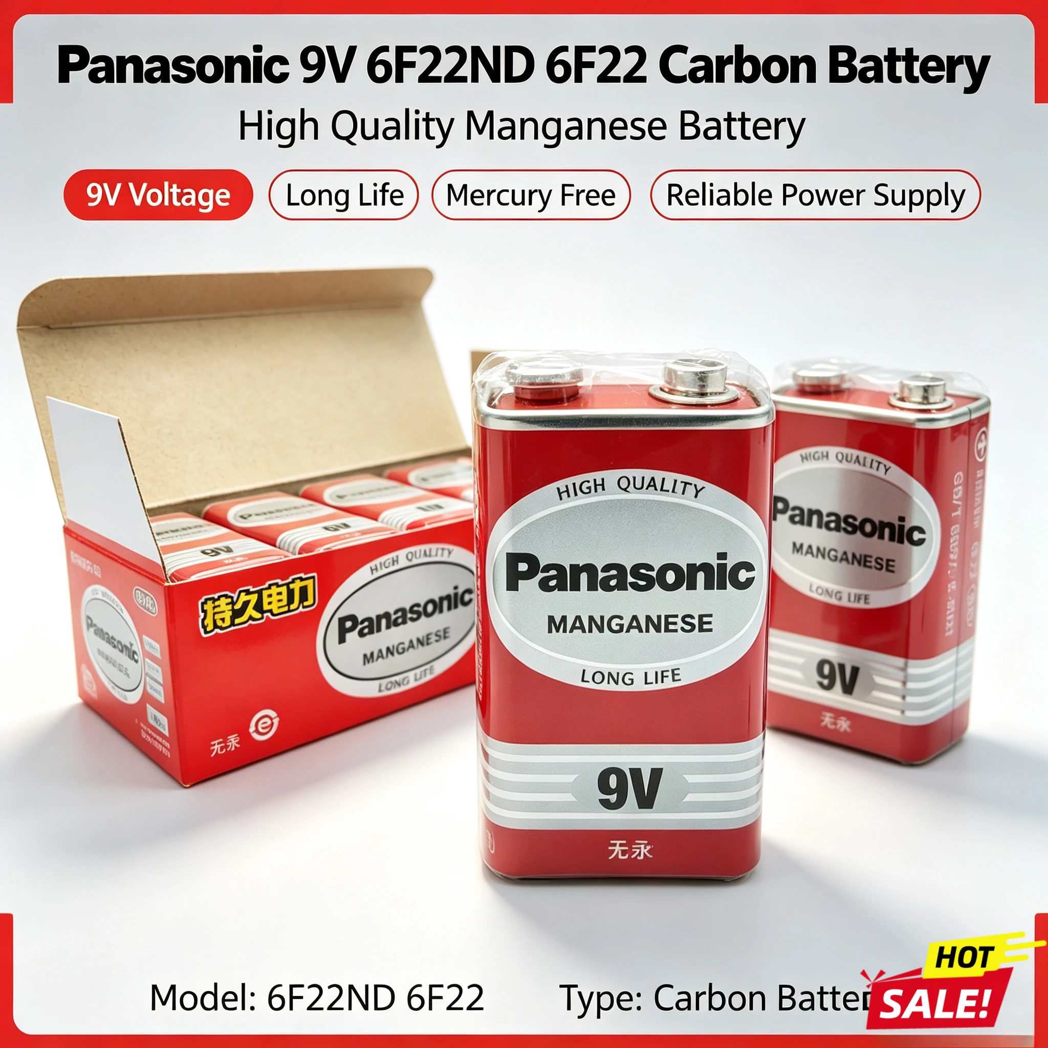 10PCS Panasonic 9V 6F22ND Carbon Manganese Battery Non Rechargeable Mercury Free For Household Electronic Devices Bulk Pack