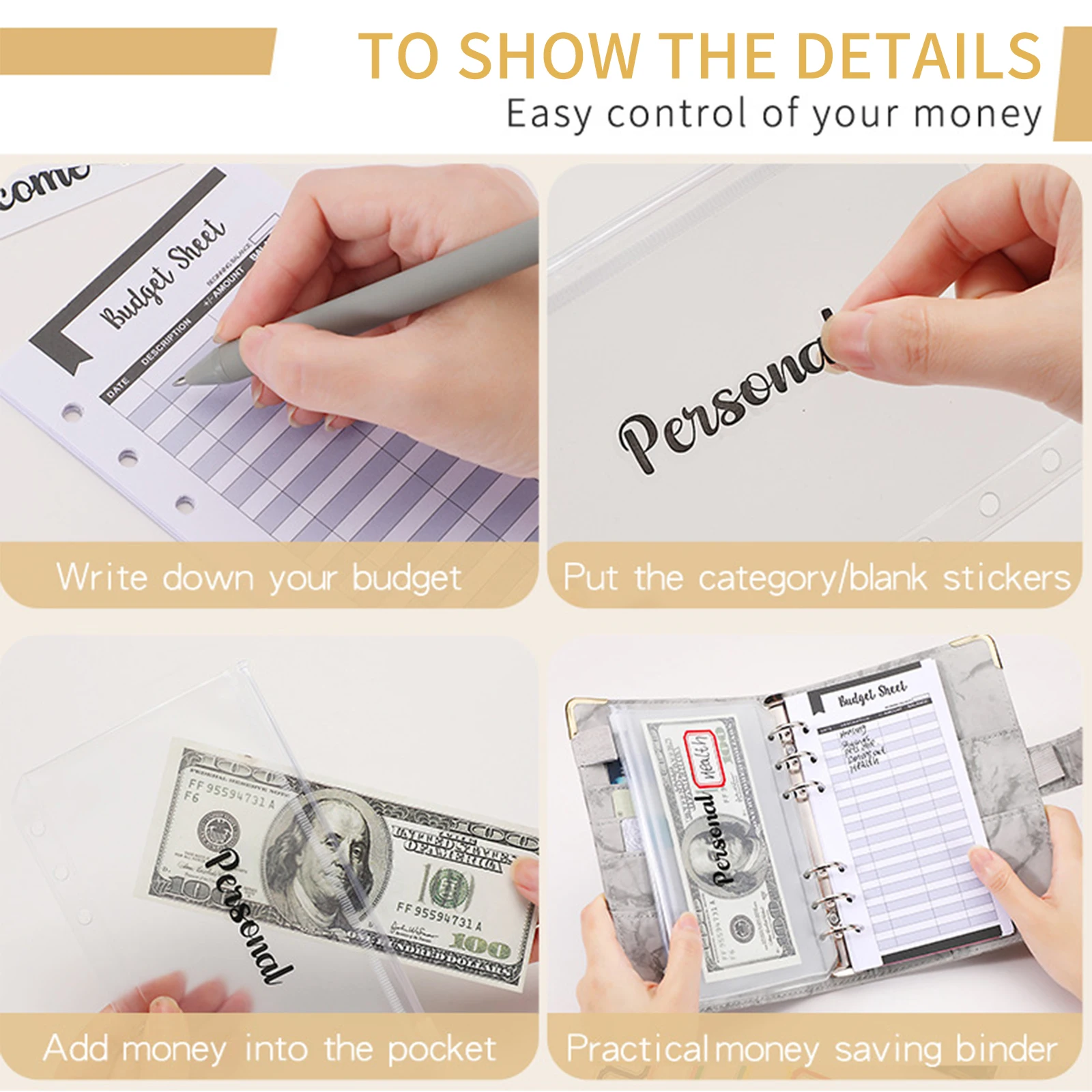 A6 Budget Binder with Marble Texture Pattern PU Leather Notebook Cover Zipper Envelopes Lable Stickers Ruler as Money Organizer