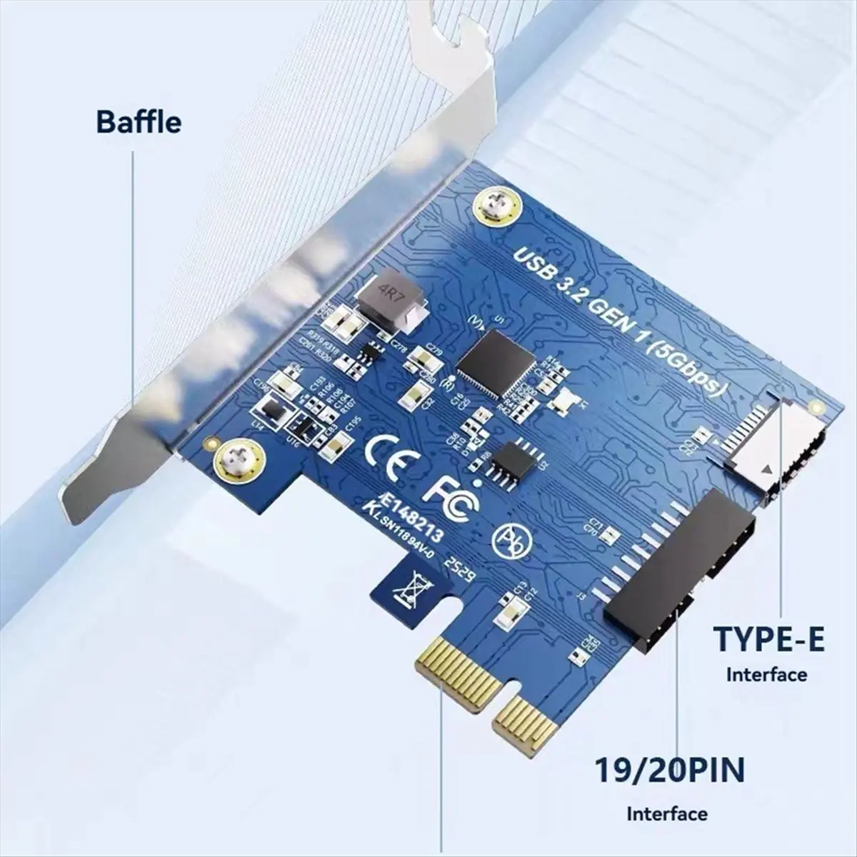 Tarjeta de expansión PCI-E 1x a 20 pines + tipo E Tarjeta adaptadora USB 3.2 GEN1 de 5 Gbps para WIN 7/8/10/11