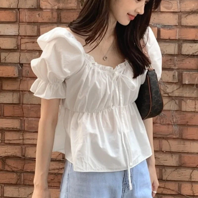 

Chic Summer Sweet Anti-Aging Wooden Ear Ringed Bowtie Square Collar Miniature Bubble Sleeve Shirt Women's Top French Style
