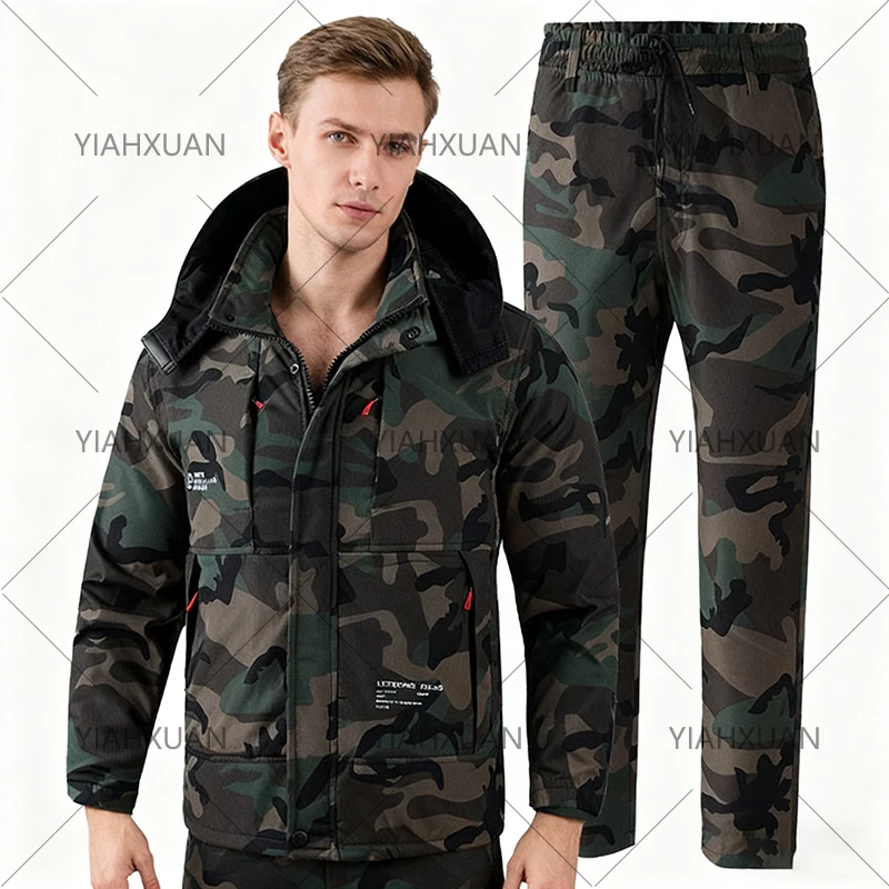 Autumn Winter Men'S Suit Plus Velvet Camouflage Clothing Outdoor Casual Work Clothes Wear-Resistant Multi-Pocket Warmth Clothing