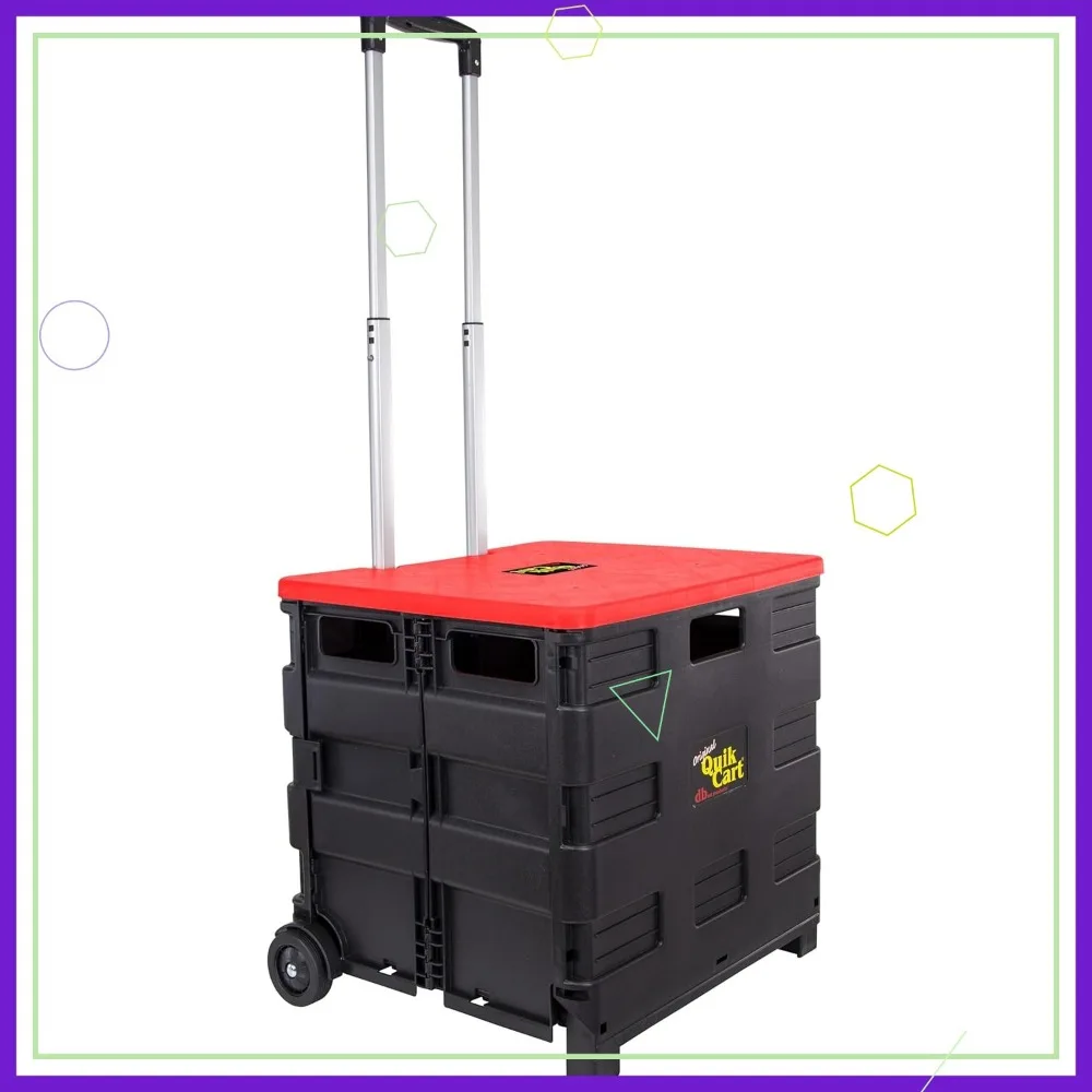Collapsible Rolling Cart with Wheels, 80 lbs Capacity Heavy Duty Plastic Tote Basket, Foldable Seat Utility Crate Red