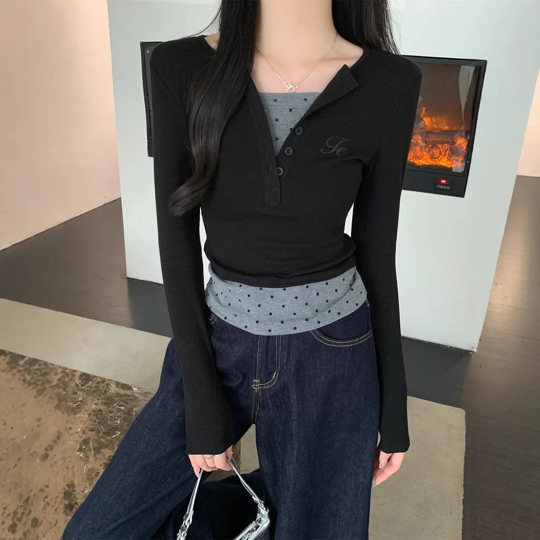 

Women's new polka dots black and gray splicing fake two-piece long-sleeved t-shirt Slim thin bottoming shirt short paragraph top