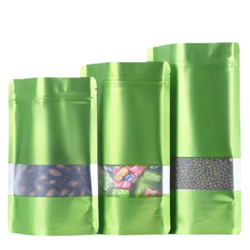 100pcs Matt Doypack Green Aluminum Stand Up Bag with Window ZipLock Resealable Food Snack Tea Coffee Bean Custom Doypack Pack