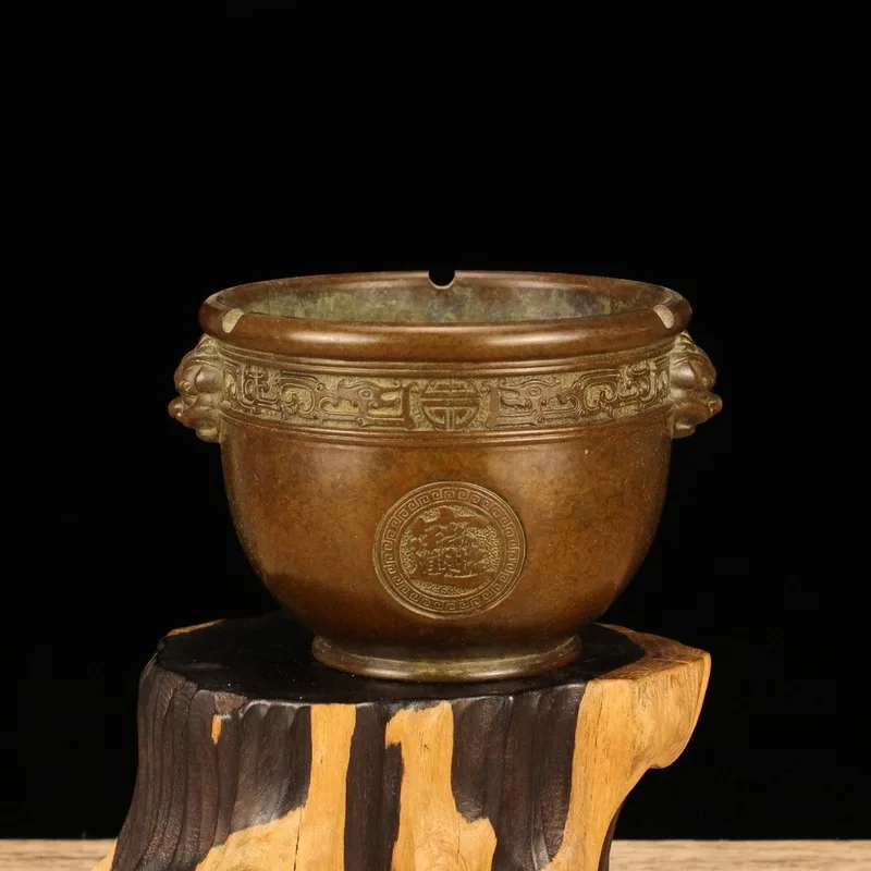 Antique copperware purple copper lion ear incense burner, decorative piece aged brass treasure ashtray decoration