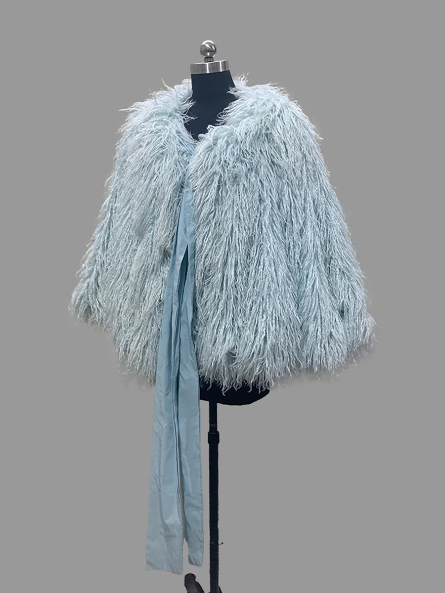 Nerazzurri Autumn Winter Short Bright Blue Thick Warm Shaggy Hairy Fuzzy Faux Mongolian Fur Coat Women Bow Fluffy Jacekte 2026