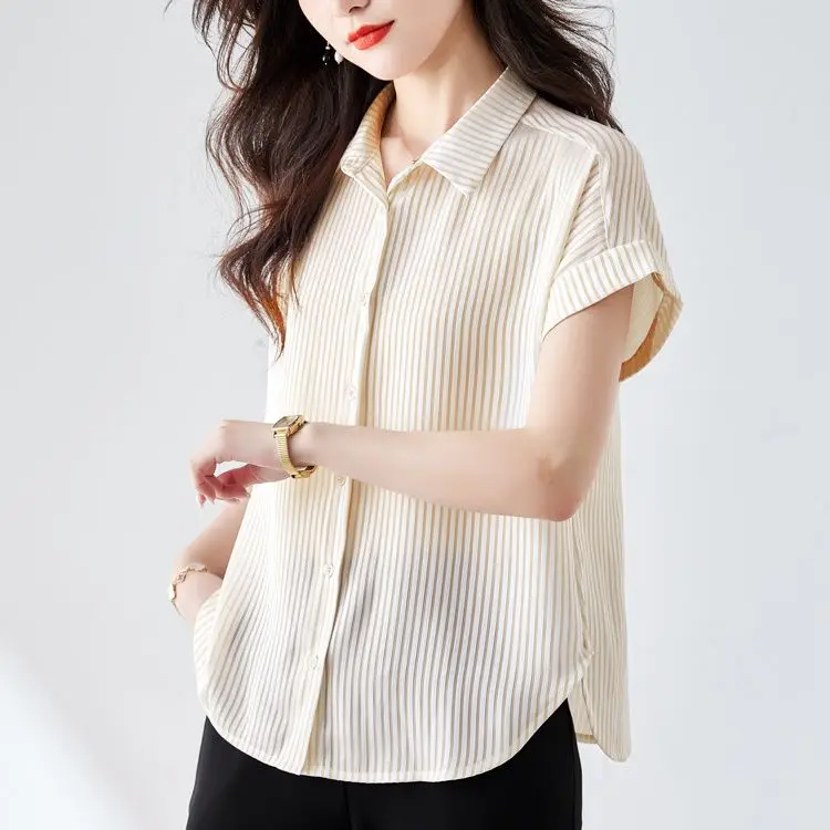 

POLO Neck Short-sleeved Striped Chiffon Shirt for Women in Summer New Fashionable and Loose Top