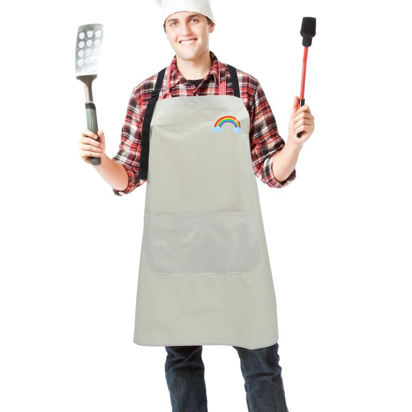 

1 шт. водонепроницаемый серо-белый маслостойкий кухонный фартук из ПВХ, большой карманный кухонный фартук для приготовления пищи, выпечки, барбекю, садоводства, дома