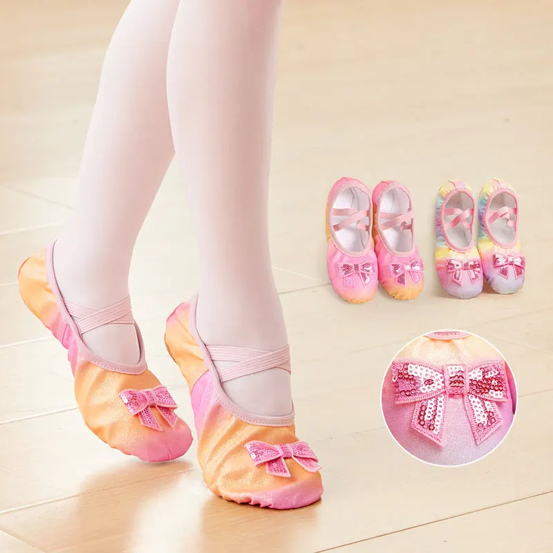 Girls Ballet Shoes PU Dance Shoe Glitter Ballet Flats with Sequin Bow Soft Sole Dance Slippers Ballet Dance Shoes for Kids