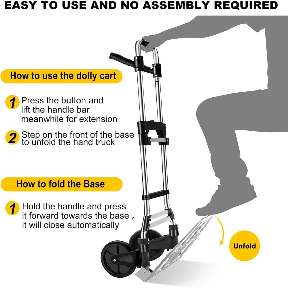 330 LB Capacity Folding Hand Truck Dolly Cart, Portable Aluminum Dolly Cart with Telescoping Handle and Rubber Wheels