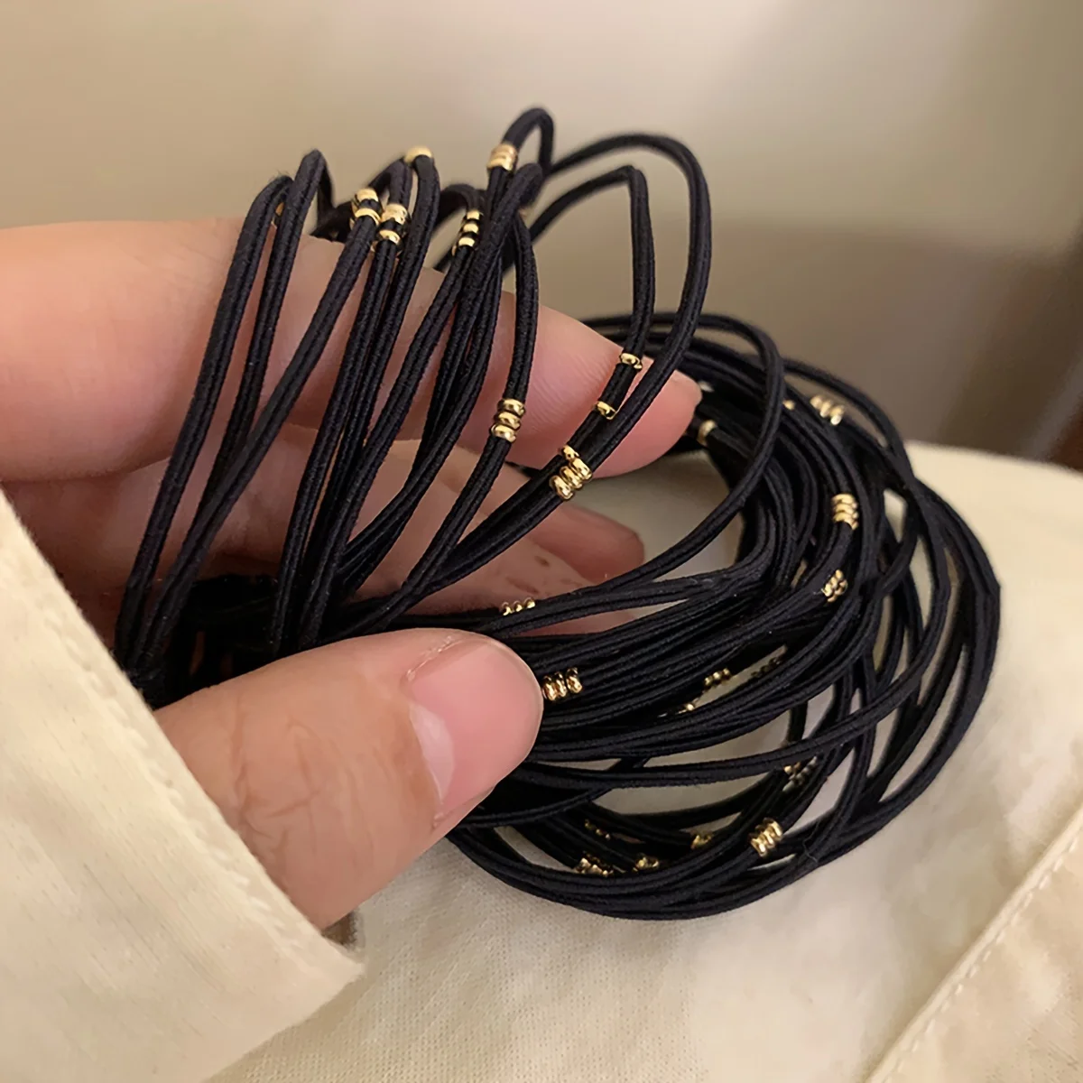 4 Small Gold Bead Hair Ties for Women, High Elastic Headwear, Black Basic Hair Rope, Rubber Band, Hair Headband Accessories