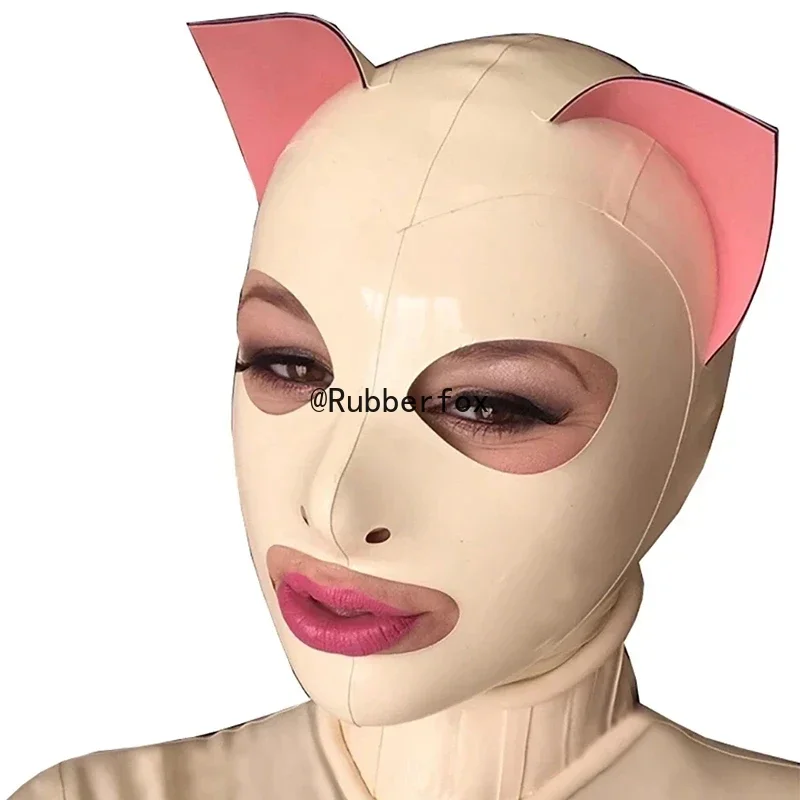 

Латексный капюшон с кошачьими ушками, молния сзади, сексуальная фетиш-каучуковая маска ручной работы, одежда для косплея, костюмы для женщин