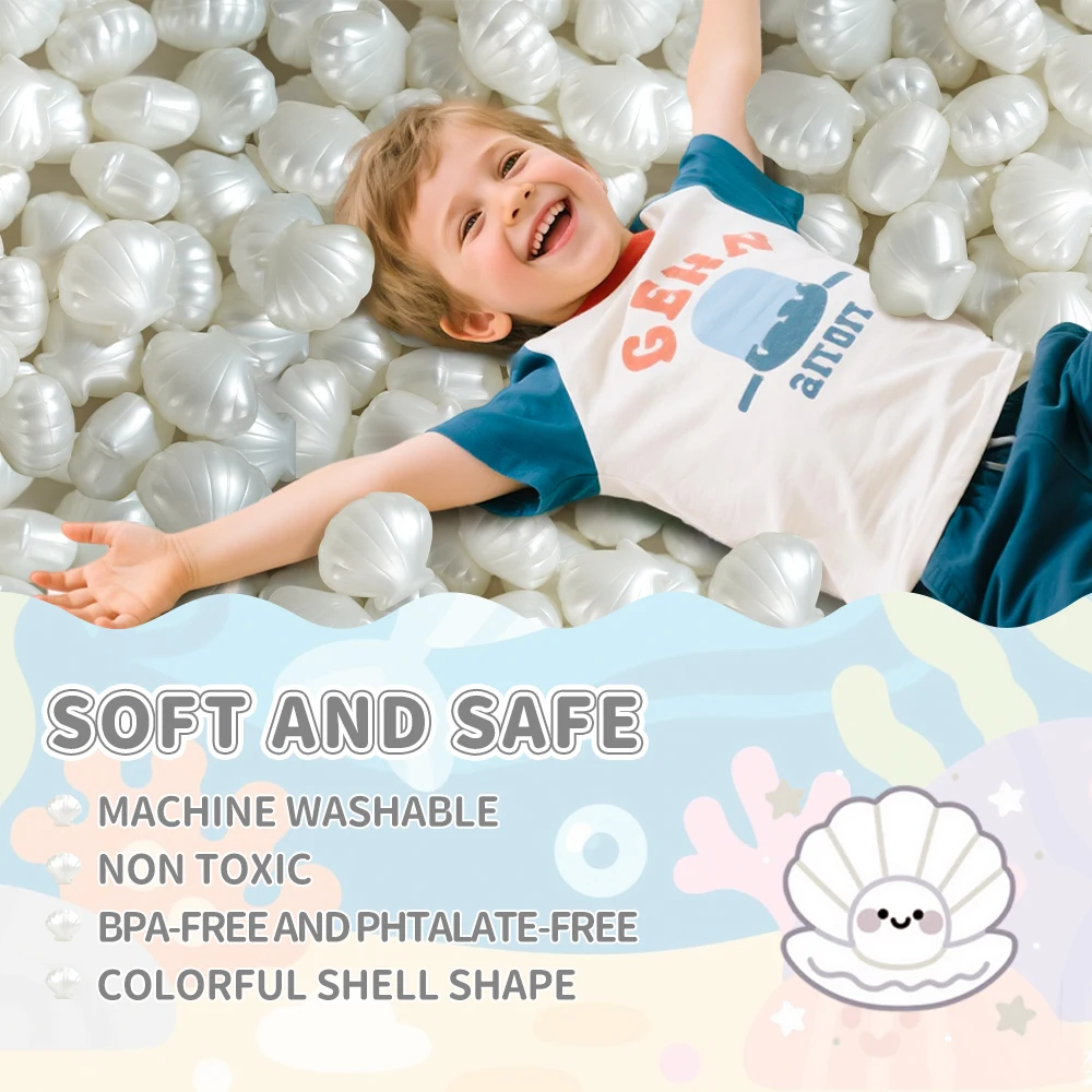 5.5cm 100 pçs/saco com saco de malha pe bola de plástico pit bolas pura pérola branco concha forma interior playground banho verão praia brinquedos