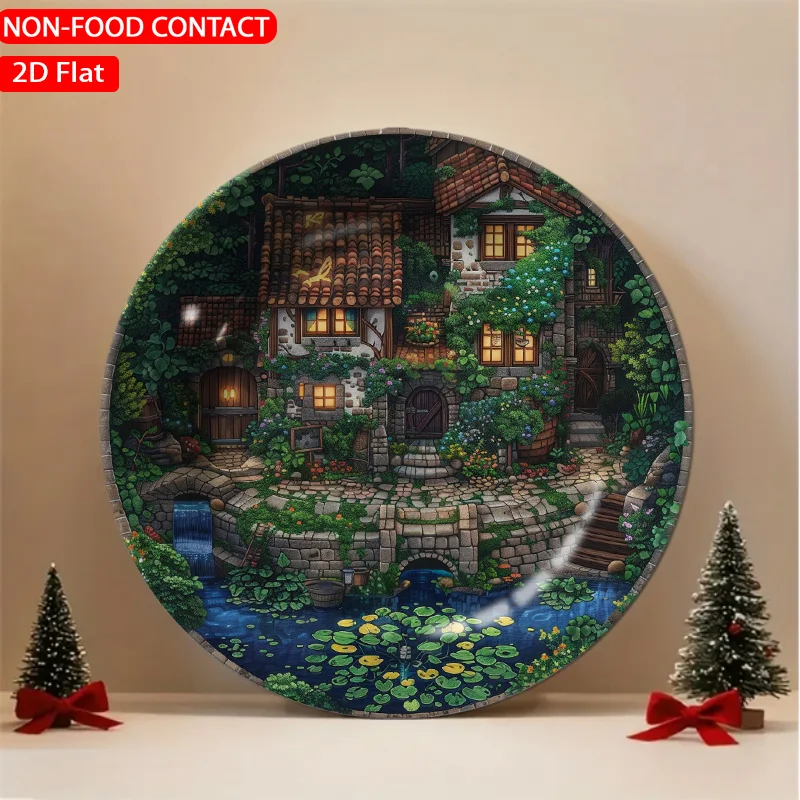 1pc 1pcs Green Ceramic Plate - Cottage Garden Non-Food Contact Suitable for Home Desk Decor, Elegant Tableware for Living Room,