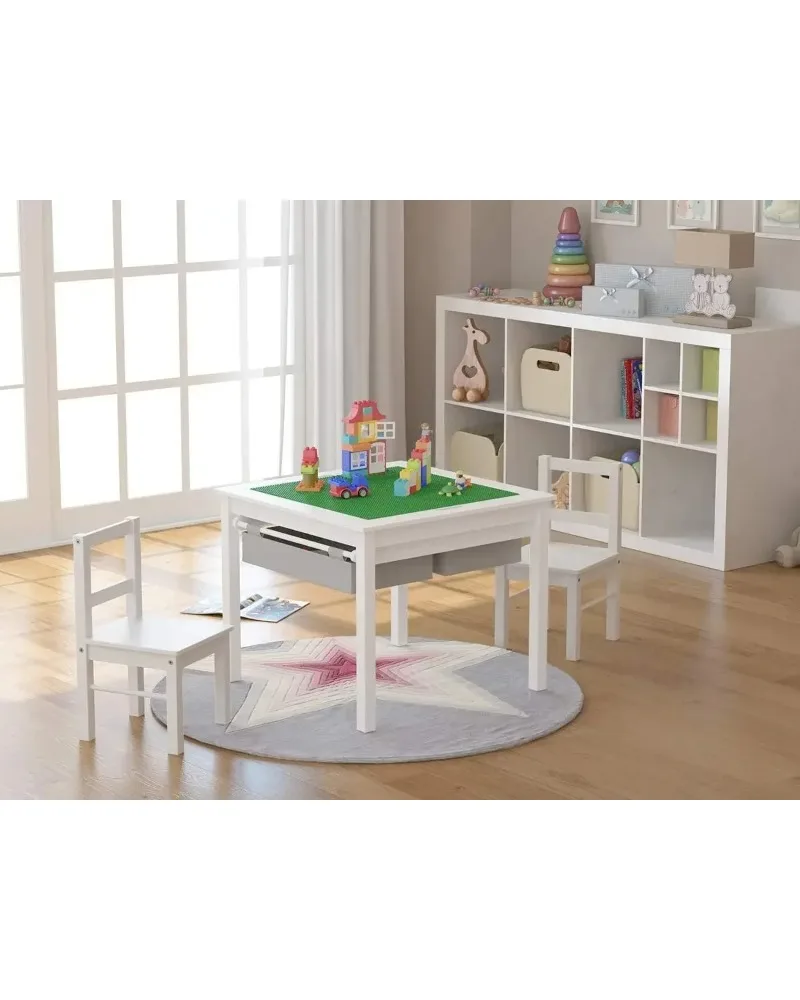 Dual-Purpose Wooden Kids Construction Table with Storage and Chairs, LEGO-Compatible