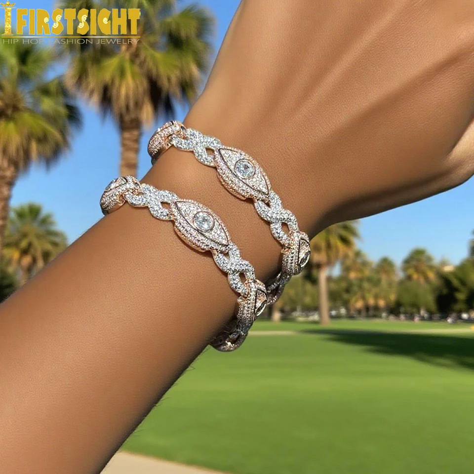 New Iced Out Eye Infinity Link Chain Bracelet Two Tone Color Cubic