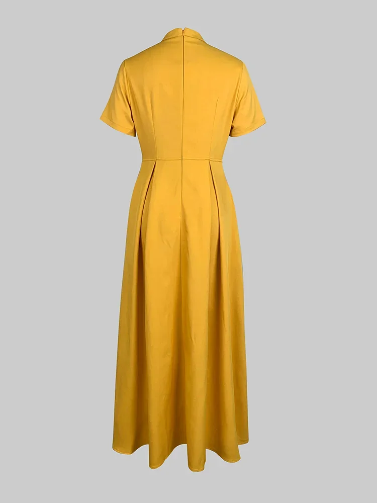 Vestido de verano plisado amarillo elegante para mujer, novedad de 20225, Vestidos femeninos con bolsillos a la moda, bata informal de cintura alta para mujer