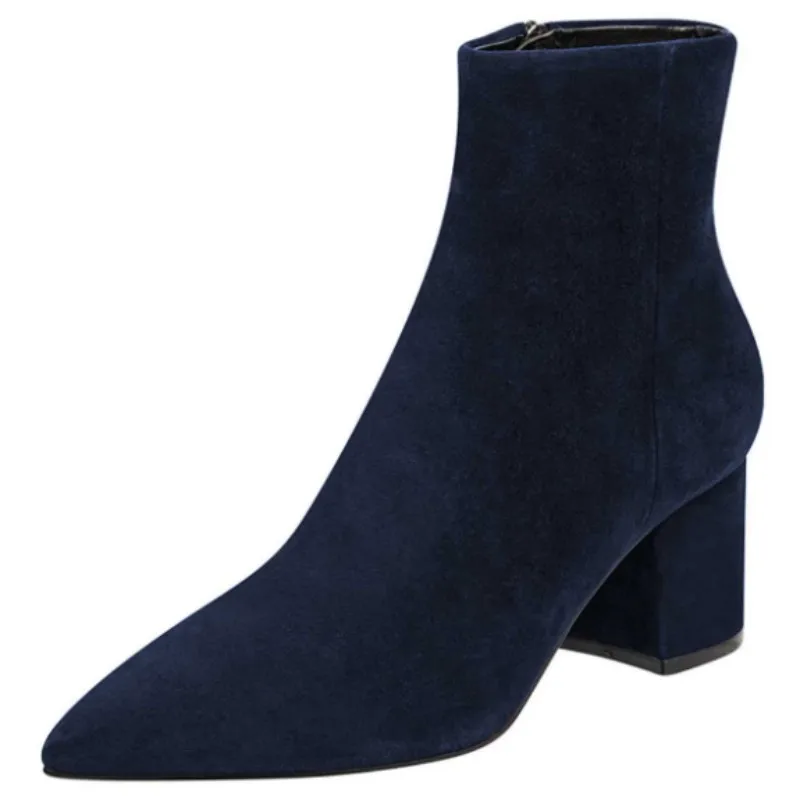 

DIZHUANG Fashionable women's high-heeled boots. Blue suede short boots. About 8cm heel height. Pointed ankle boots Coarse heeled