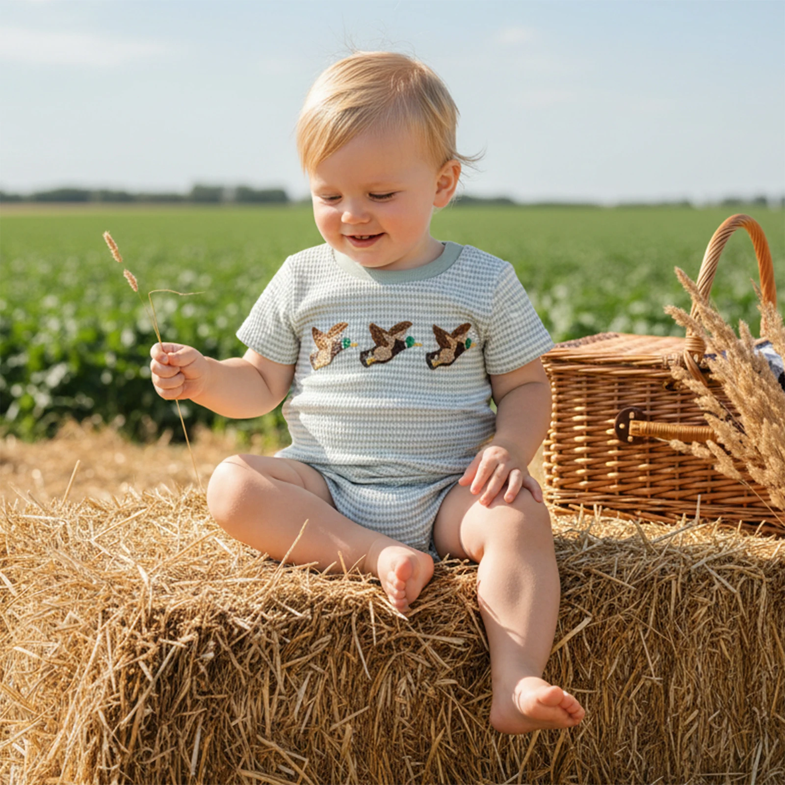 Baby Boy Waffle Romper Short Sleeve Round Neck Duck Embroidery Bodysuit Newborn Boys Playsuit Sunsuits