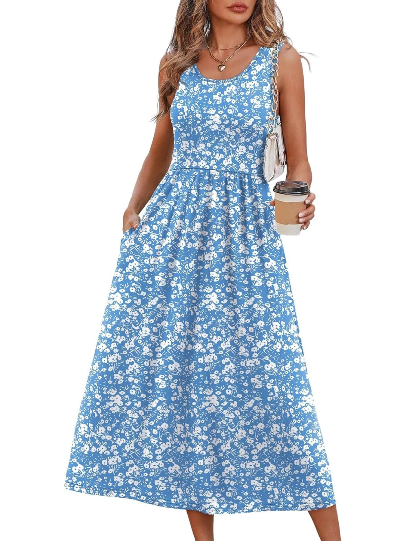 2026 Sommer Neue Kleider für Damen Bedrucktes Lässiges Midikleid Modisches Ärmelloses Rundhals-Strandkleid mit Taschen – Detail 12