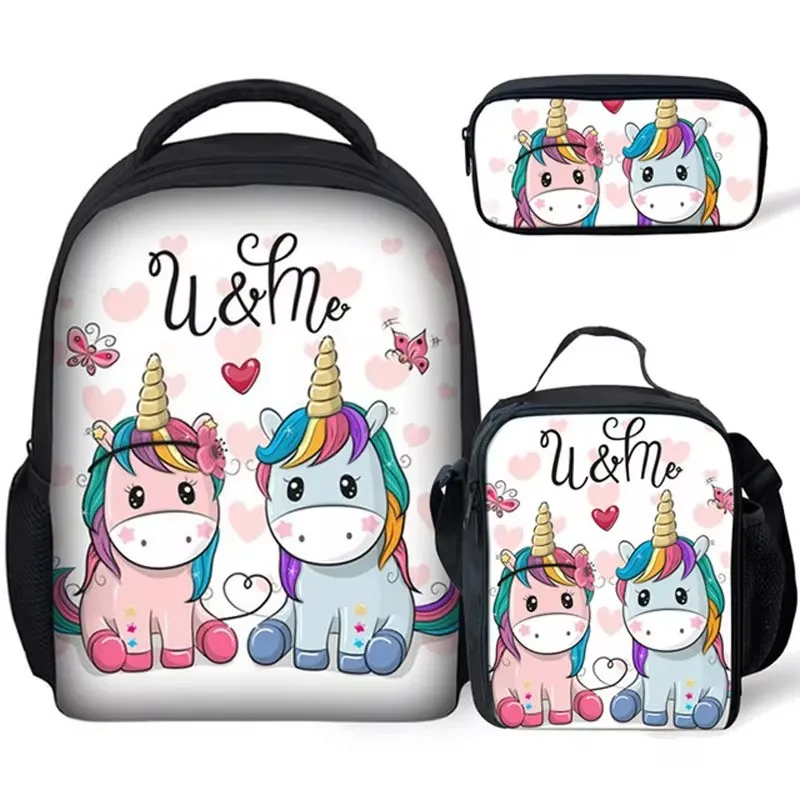 Bookbag padrão dos desenhos animados para crianças, mochila, mochila, pacote de refeição, mochila lápis, meninas e meninos, nova moda, 3 pcs