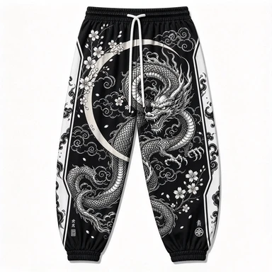 Dragon Cherry Blossom Running Pants Ukiyo-i Full Screen Printed Street Style Elastic Waist Drawstring Loose Casual Pants