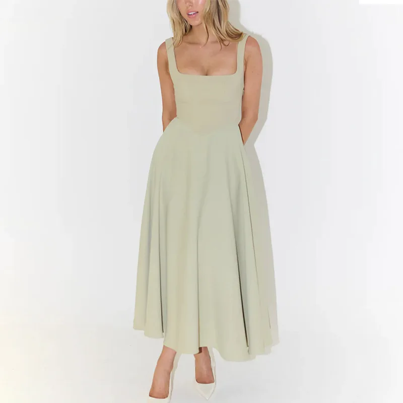 

2025 Summer New Simple and Sexy Solid Color Shoulder Strap Slim Mid-length Dress Europe and America